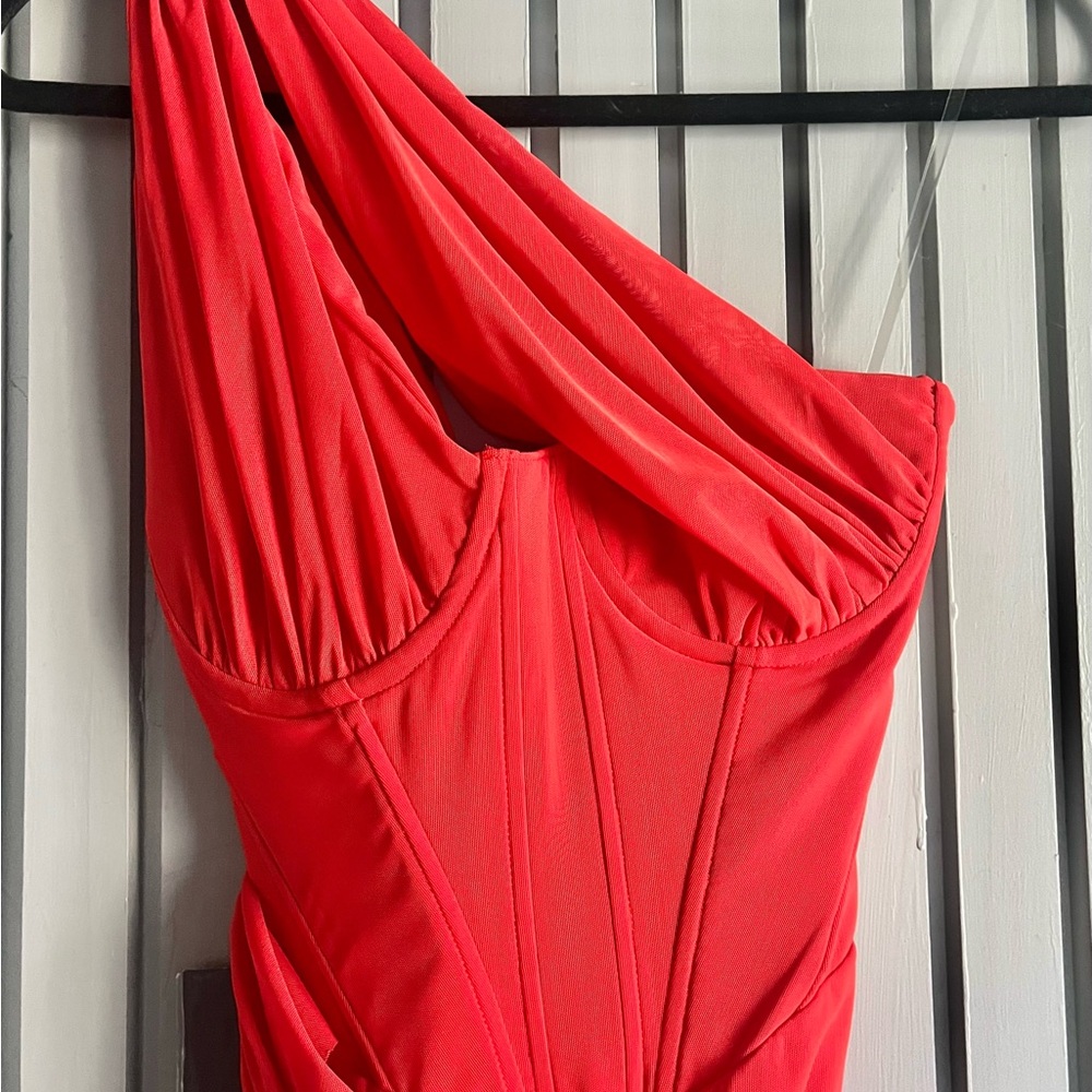 House of CB Red Asymmetrical Bodysuit with Corset Design